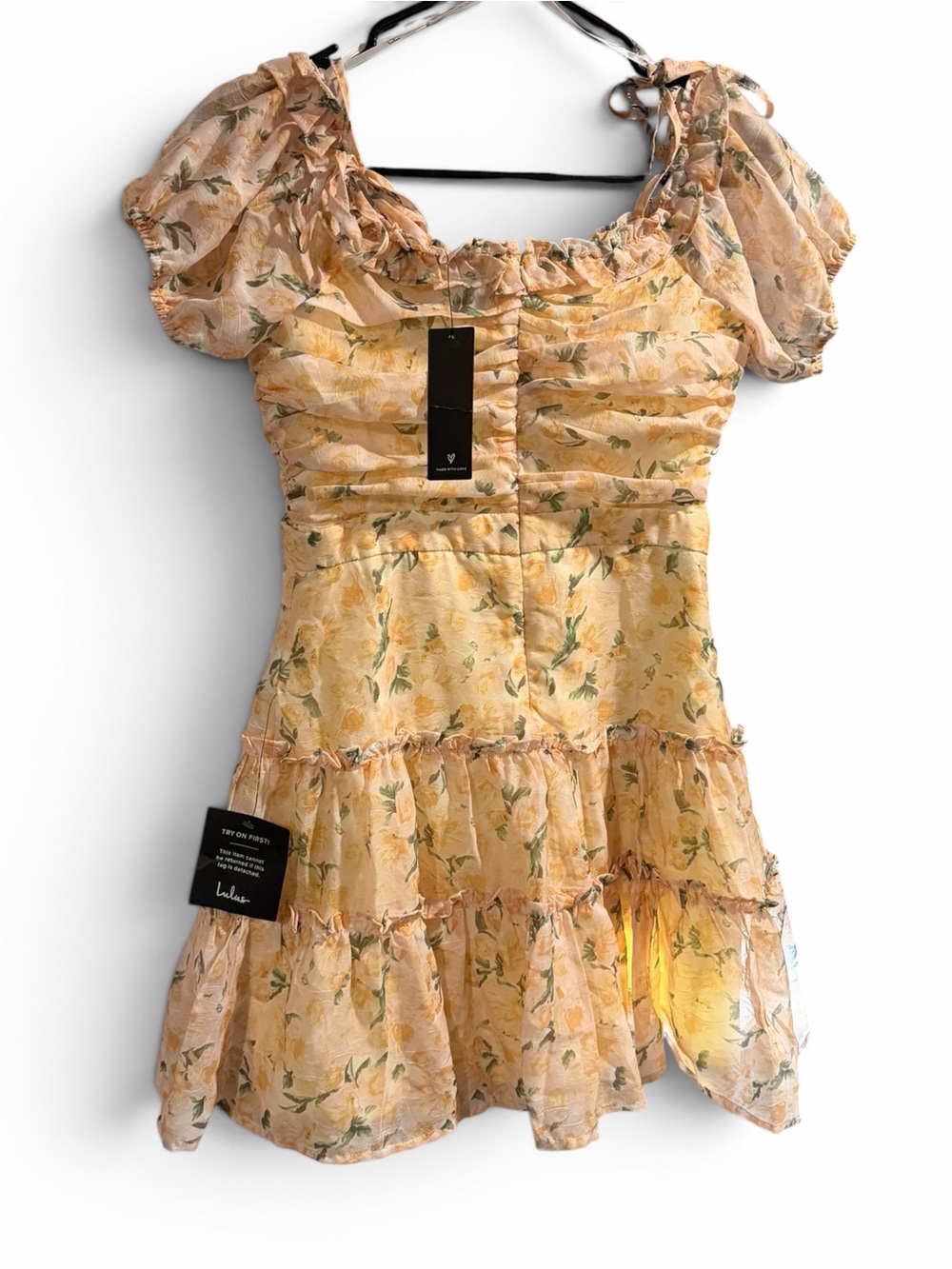 Lulus Yellow Floral Corset Puff Sleeve Tiered Ruched Mini Dress NWT Small
